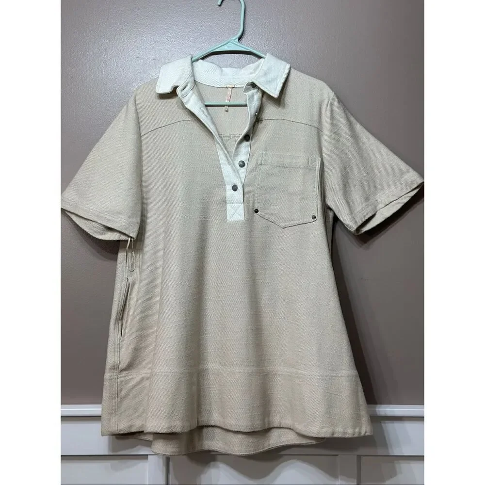 NWOT Free People Remino Classic Polo Collar Mini Beige Shirt Dress Women's Small